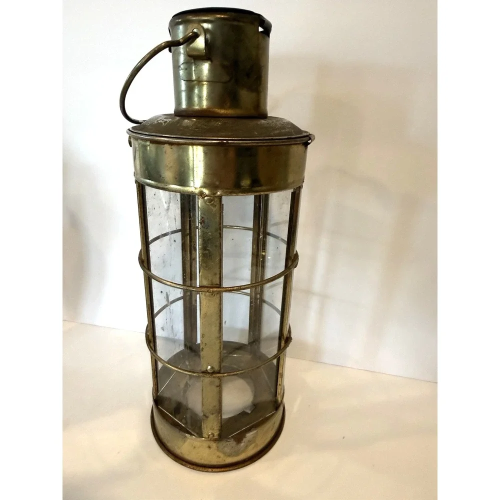VTG Brass Marine Cargo Lantern Cylinder Glass Coastal Accent Decor Rustic Farm